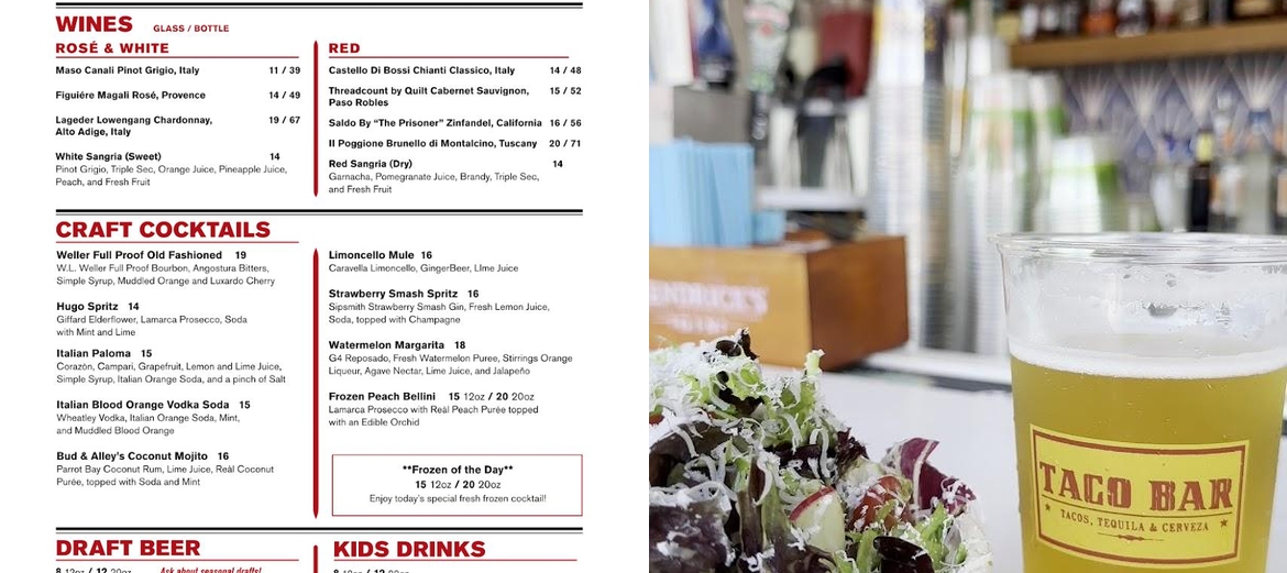 Bud & Alley's Pizza Bar + Trattoria Menu
